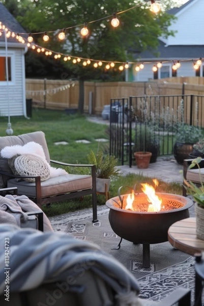 Fototapeta A cozy backyard patio with comfortable outdoor furniture, string lights, and a crackling fire pit, perfect for summer evenings spent, Generative AI