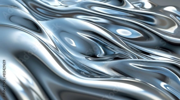 Fototapeta Abstract silver waves background. Metallic texture with fluid curves.