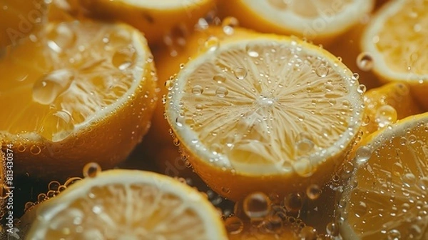 Fototapeta Close-up of fresh lemon slices with water droplets.