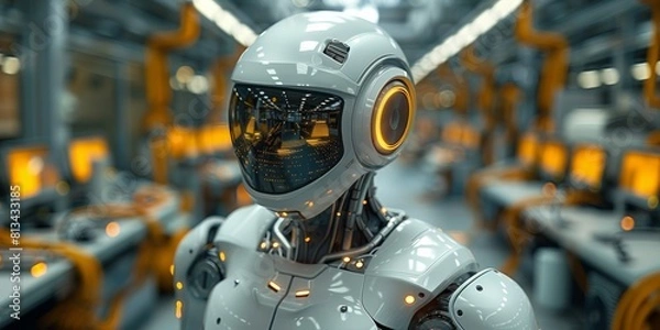 Fototapeta In a factory, a humanoid robot blends automation and futuristic technology.