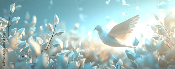 Fototapeta Peaceful Dove Ascending in Soft Pastel Nature Dreamscape