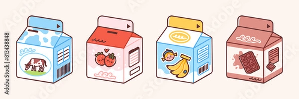 Obraz Flavored milk cartons. Vector illustration of banana, strawberry and chocolate milk in cute packaging. Sweet beverage for kids in colorful flat style.