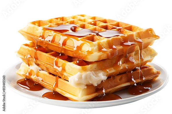 Fototapeta Viennese fresh waffles drizzle with honey on top in white ceramic dish isolated on cut out PNG or transparent background. Dessert made from two strips of dough. American Waffles are square in shape.	