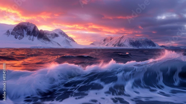 Fototapeta a colorful sunset over sea with snow covered mountains in the background