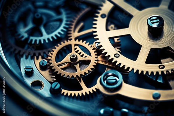 Fototapeta A close-up of a watch movement reveals intricate gears and tiny screws