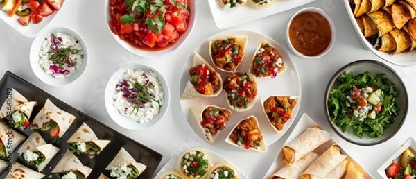 Fototapeta Relish in a unique food on white background top view, where an assortment of canapes and burritos are presented as an inviting, colorful feast