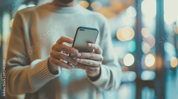 Fototapeta Man using smartphone indoors with blurred background lights at evening.