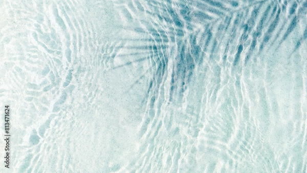 Obraz transparent rippled water surface with palm leaf shadow at the sand beach on a summer day, abstract idyllic beach vacation background from above with copy space