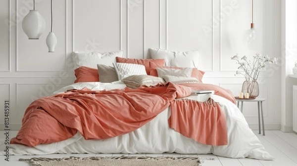 Obraz Cozy Bedroom with Salmon Pink Bedding, Casual and Inviting, Great for Home Furnishing Ads
