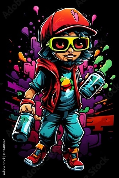 Fototapeta Stylish Graffiti Creating Colorful Mural on Brick Wall with Spray Paint Cans in Psychedelic Cartoon