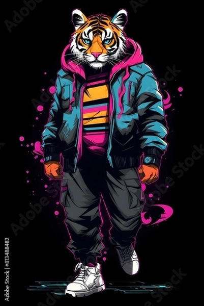 Obraz Trendy Tiger Character Prowling the Streets in Retro 90s Synthwave Inspired Streetwear