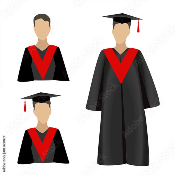Fototapeta Man in graduation ceremonial clothing. Set of graduate hats, academic squares or student caps and mantles in different colors. Jpeg isolated on white
