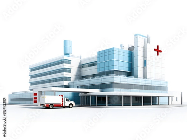 Obraz front view of a huge hospital building and an ambulance parked in in the hospital boundary PNG