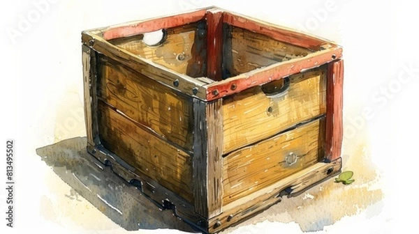 Fototapeta Illustration of an empty wooden box, likely for storage or transportation, depicted in a watercolor style.