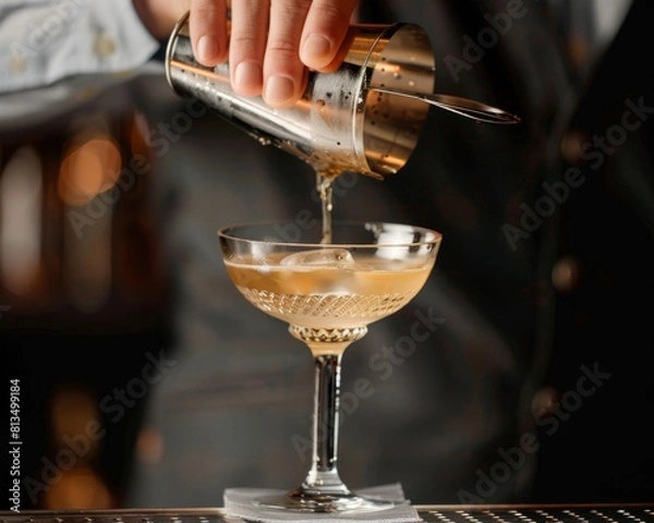 Obraz A bartender expertly straining a cocktail into a chilled coupe glass, super realistic
