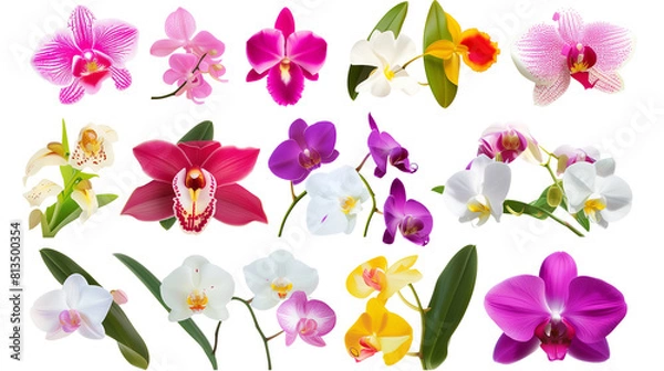 Fototapeta Set of exotic orchids including phalaenopsis, dendrobium, and cattleya, isolated on transparent background