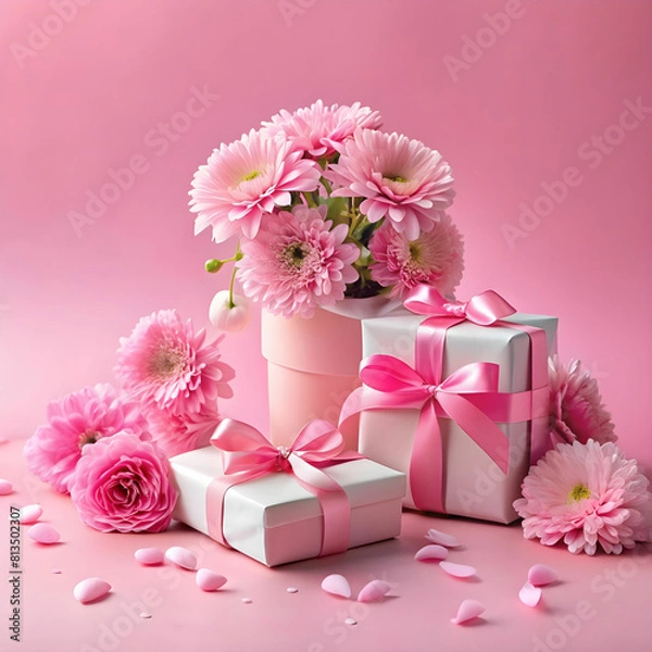 Obraz Romantic Surprise: Pink Gift Box Adorned with Rose Petals
