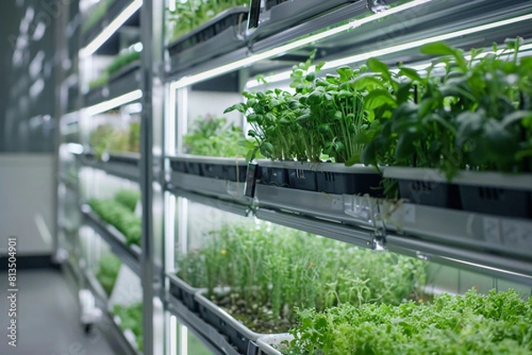 Fototapeta A modern vertical farming setup utilizing hydroponic technology for plant growth 