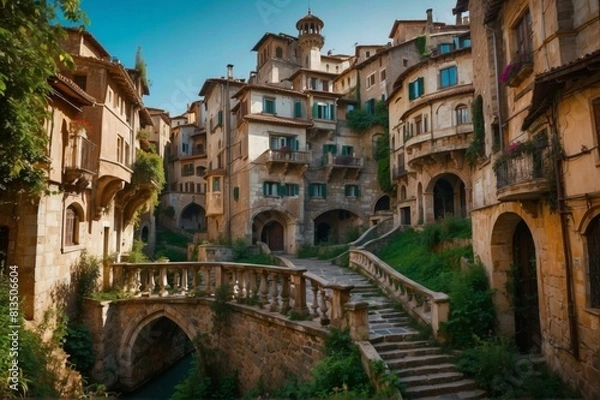 Fototapeta A beautiful narrow street with a bridge and stone buildings on both sides. AI.