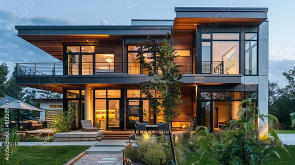 Fototapeta Modern cubic house with an architectural focus on sustainability, featuring reclaimed wood and energy-efficient systems.