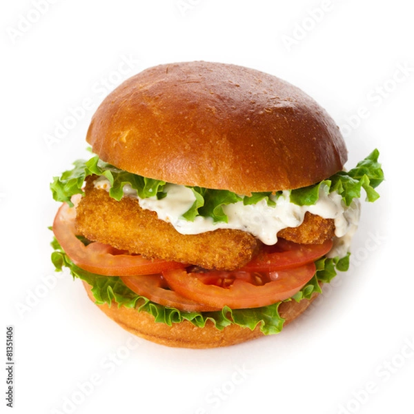 Fototapeta Fish burger on white background. Selective focus.
