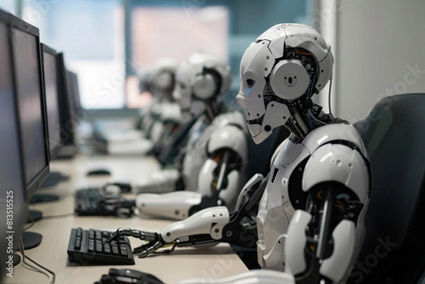 Fototapeta A robot with artificial intelligence works at a computer in the office IT Team, Help Center