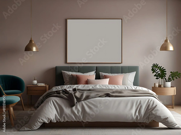 Fototapeta Simple modern minimalist interior bedroom decor with pastel color background. Blank space wall art mockup above the bed inside natural light bedroom. Generative AI.