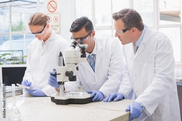 Obraz Scientists examining something with the microscope