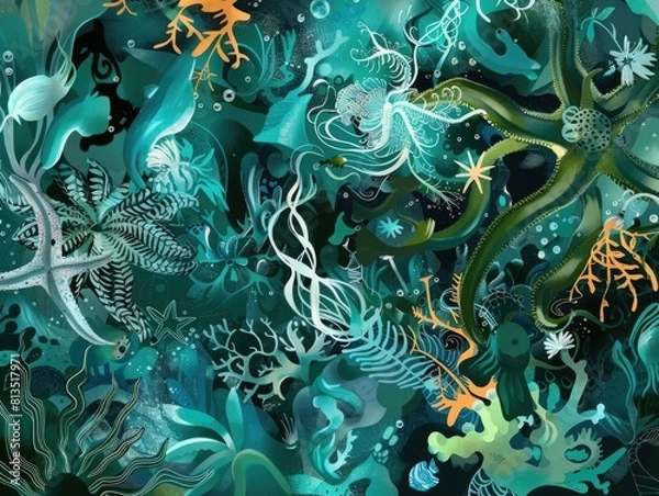 Fototapeta A painting of a sea scene with many different types of sea life