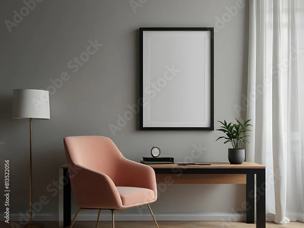 Fototapeta Simple modern minimalist home working space decor with pastel colored background. Blank space wall art mockup inside natural light room. Generative AI.