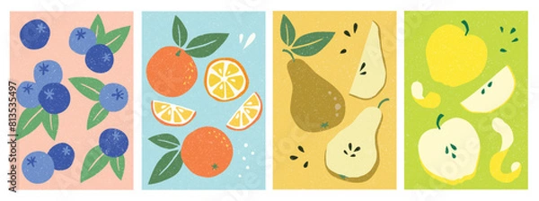Obraz Fruit illustrations: blueberries, oranges, pears, apples