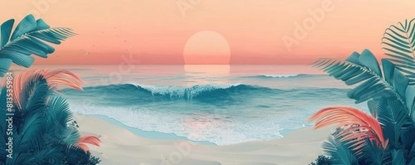 Fototapeta The setting sun casts a golden glow over the ocean waves in this beautiful beach scene.
