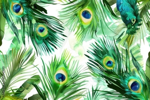 Fototapeta Colorful watercolor painting of peacock feathers and tropical palm leaves. Ideal for nature-themed designs and artistic projects