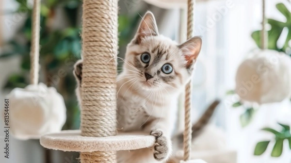Fototapeta Adorable Cat Playing on Cat Climber, Joyful and Playful Pet Activity
