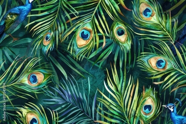 Fototapeta Colorful peacock feathers and tropical palm leaves painting, ideal for home decor