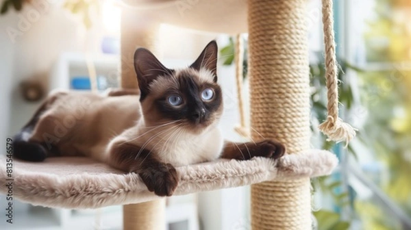 Fototapeta Adorable Cat Playing on Cat Climber, Joyful and Playful Pet Activity
