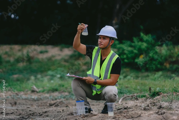 Fototapeta Marine biologist analysing water test results and algea samples