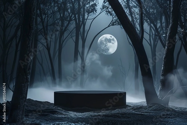 Fototapeta A sleek, shadowy Halloween setup with a black 3D podium centered in a misty, moonlit forest backdrop, perfect for displaying mystical or horrorthemed products