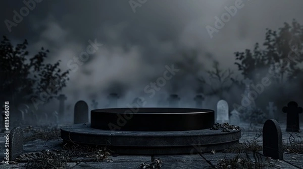 Fototapeta Midnight at the graveyard themed 3D podium mockup a sleek black podium stands against a dark sky with faint ghost silhouettes and old tombstones