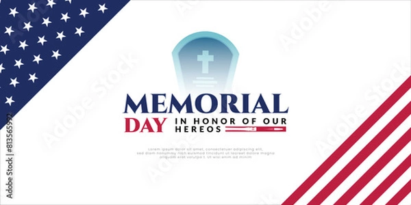 Obraz Memorial day wishes or greeting card with white background, united states flag, with respect honor and gratitude social media banner, poster, modern design vector illustration