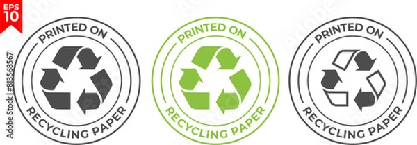 Obraz 100% recycled paper label. Eco friendly packaging symbol. Printed on recycling paper icon. Flat design. Vector illustration.