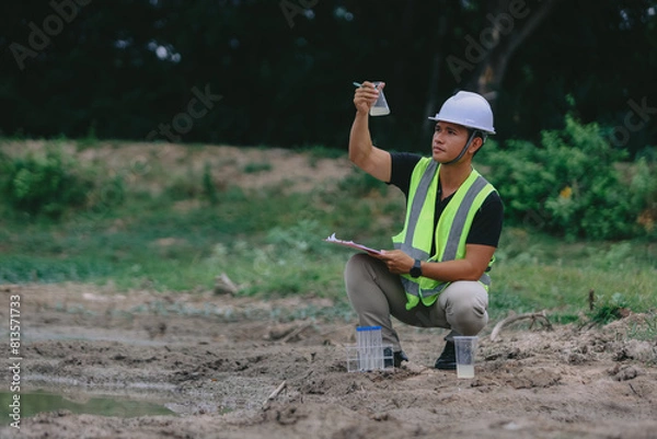 Fototapeta Marine biologist analysing water test results and algea samples