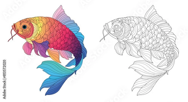 Fototapeta Carp in mandala style for coloring book, vector illustrations for adults. Anti-stress coloring for adults. Carp in two versions, colored stripes and black and white.
