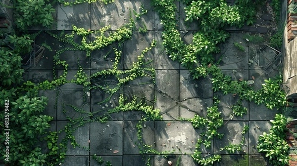 Fototapeta Overgrown foliage on a city sidewalk, illustrating nature reclaiming urban space, with a focus on rewilding and green growth