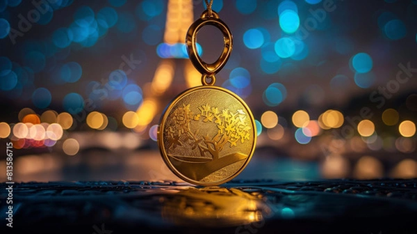 Obraz Golden triumph: winning a medal in Paris. Gold medal hanging against the background of a beautifully lit Eiffel Tower and the Paris skyline at dusk. Sport, achievement and motivation concept.