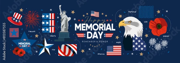 Obraz Happy Memorial Day. Vector modern flat illustration of USA objects, eagle, star, ribbon, Statue of Liberty, logo, flower poppy and icons for banner, invitation, flyer, background or greeting card