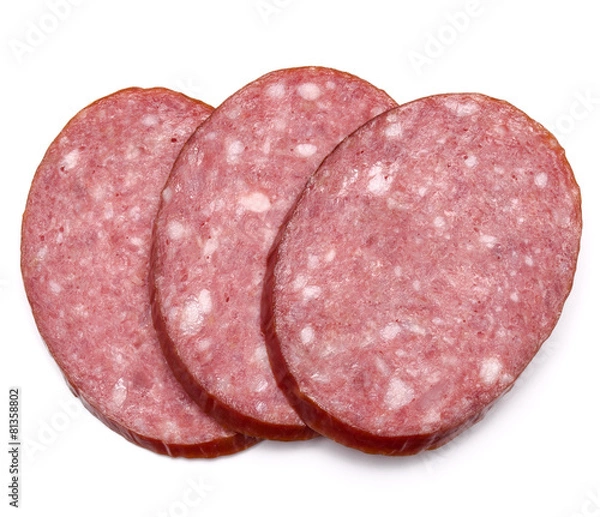 Fototapeta Smoked sausage salami slices isolated on white background cutout