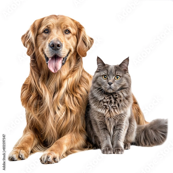 Obraz A Golden Retriever dog and a Maine Coon cat together on a isolated background. PNG. 