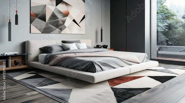 Fototapeta A bedroom with a modern, geometric rug, a low-profile bed, and a statement piece of wall art