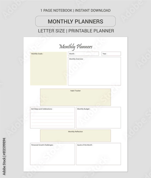 Obraz Monthly Planners  Notes | Monthly Planners  Notebook |Monthly Planners  Workbook | Monthly Planners  Log Book | Notebook Printable Planner | Letter Size